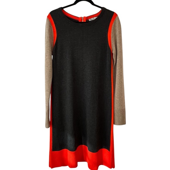 Eliza J Colorblock Orange Grey Tan Shift Midi Long Sleeve Sweater Dress Preppy - Picture 2 of 10